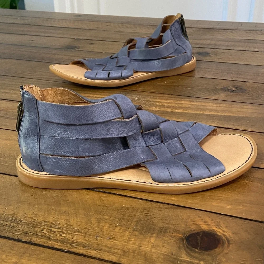 Born Womens Blue Leather Woven Gladiator Flat Sandals Back Zip BR0032934 Size 8M